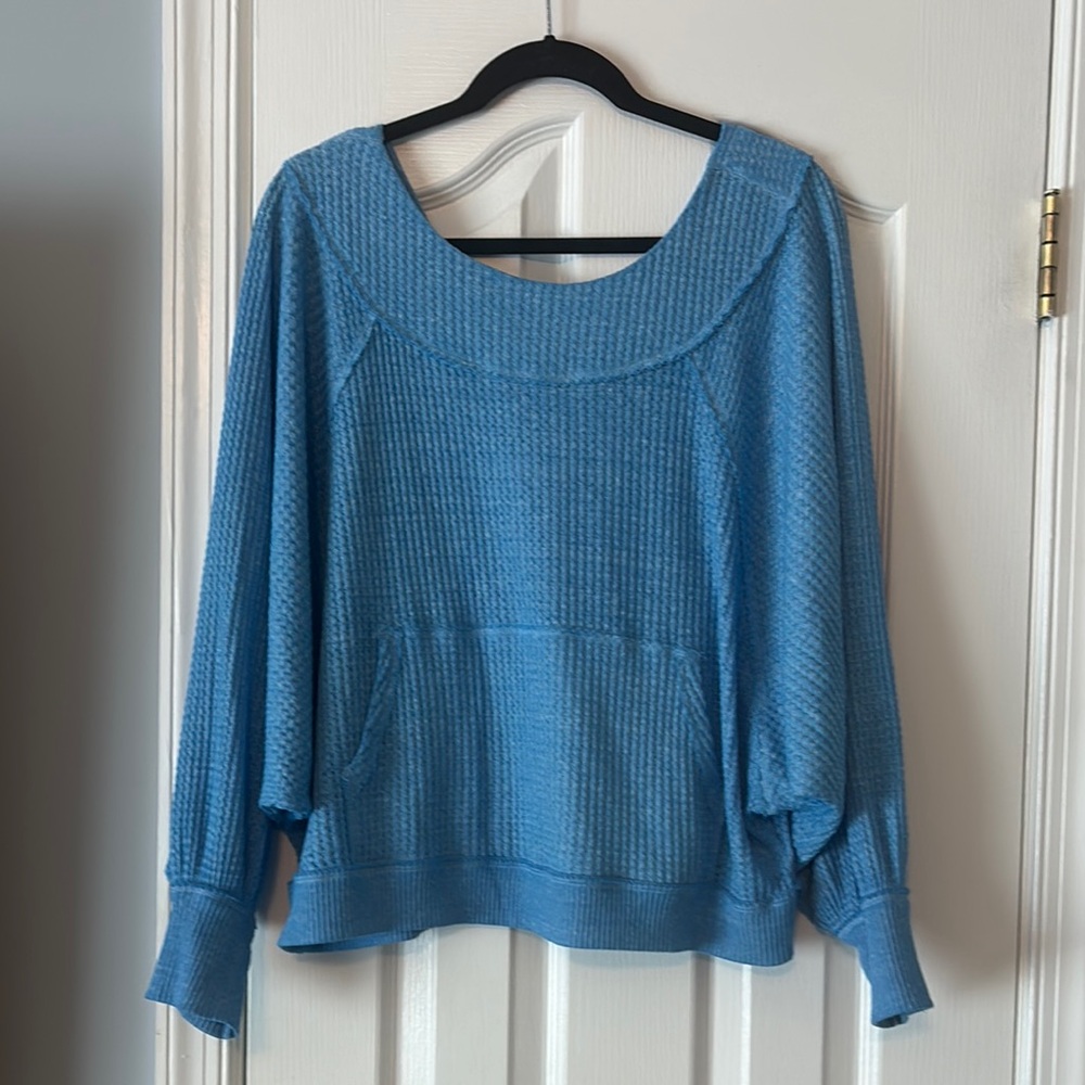 Free People Blue Crew Neck lightweight waffle knit V back top with Relaxed Fit